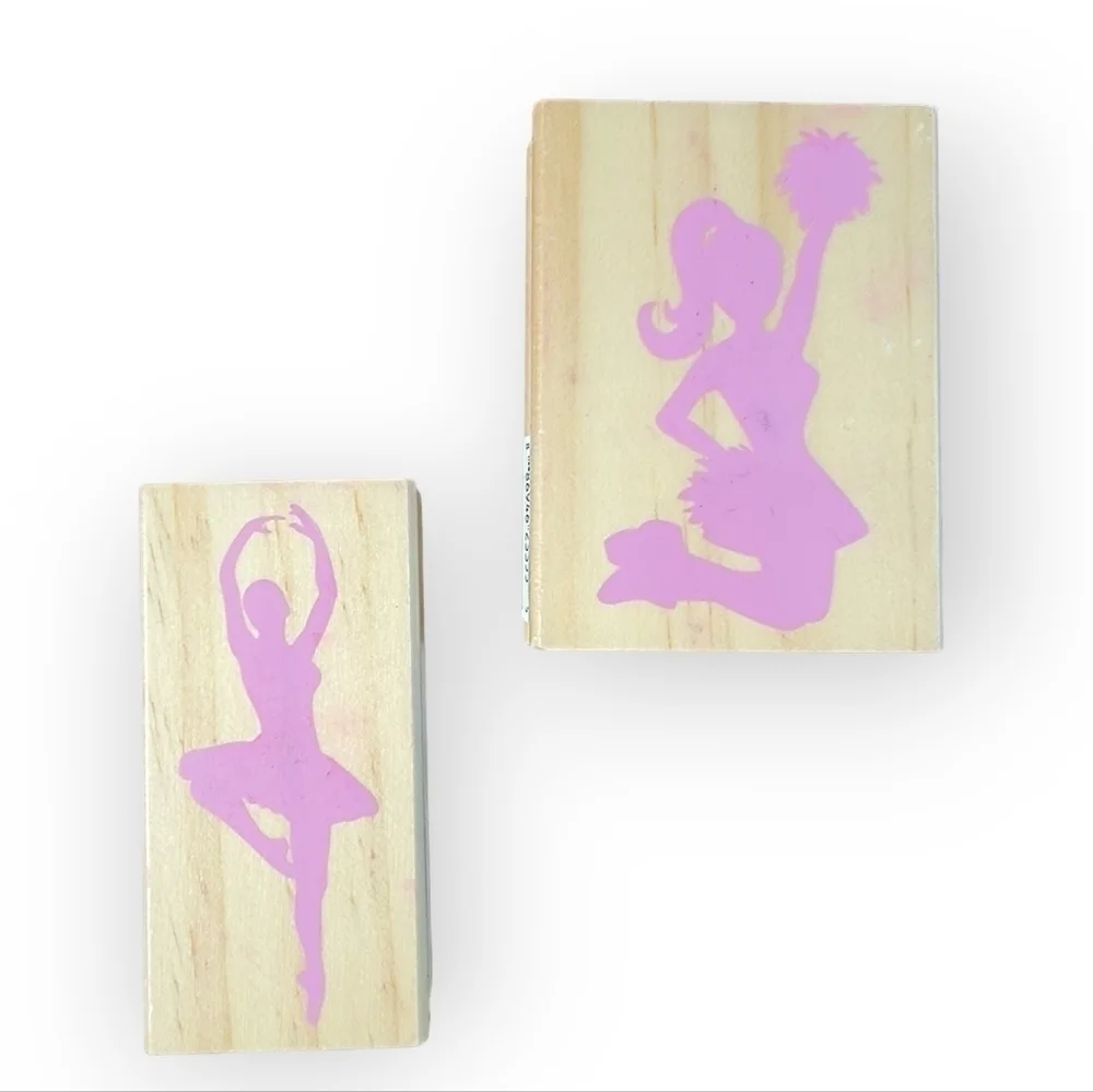 Lot of 2 wooden block rubber stamps Cheerleader Ballerina